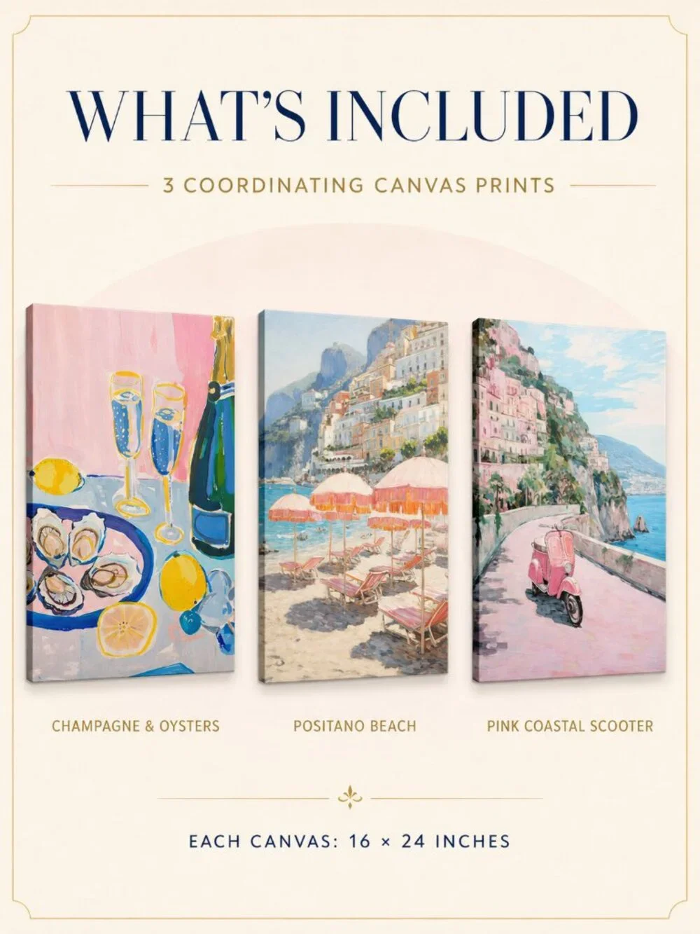 Amalfi Coast Pink Canvas Wall Art Set of 3 16x24 Framed Coastal Decor